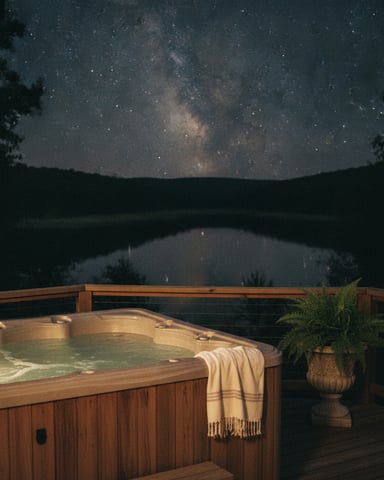 Hot tub on wooden deck overlooking lake and forest under starry night sky with Milky Way visible