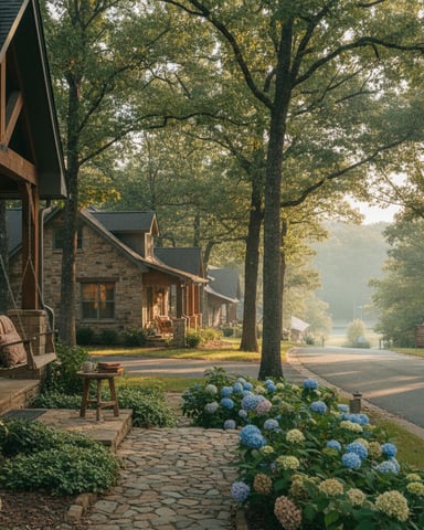 Stone cottage with covered porch, blue hydrangeas, and tree-lined driveway leading to additional homes and water view