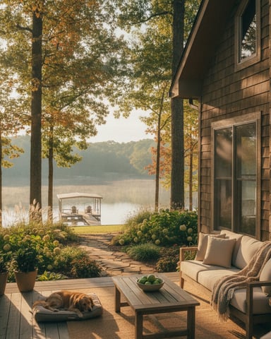 Stone house patio with seating overlooking autumn trees, lake, and distant dock