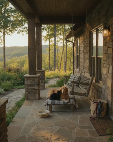 Stone porch with dog on bench, swing, and forested hillside view beyond
