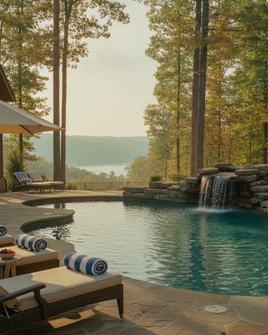 Backyard pool with waterfall, lounge chairs, and covered patio overlooking forested lake valley