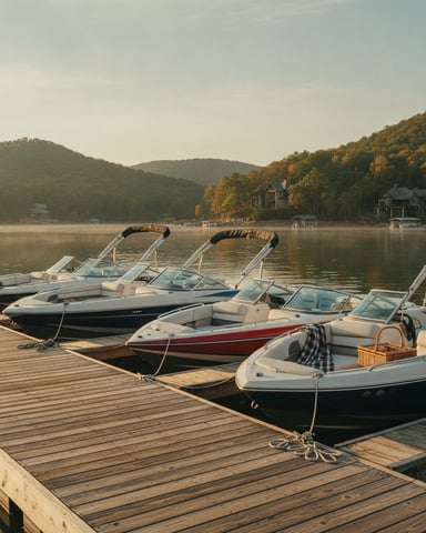 Speedboats moored at wooden dock on calm lake with forested mountains and lakeside houses in background