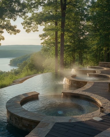 Stone hot tubs on wooden deck overlooking forested lake valley at sunset