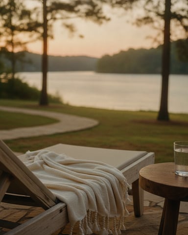Wooden lounge chair with cream blanket and side table with water glass overlooking calm lake at dusk