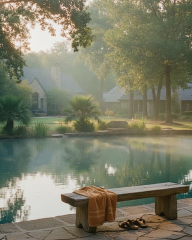 Wooden bench with towel overlooking misty pond, palm trees and houses in background
