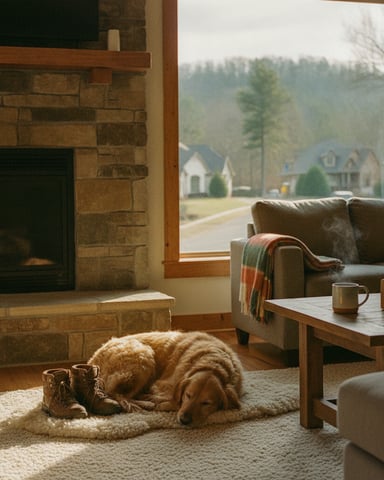 Living room with stone fireplace, dog resting on rug, gray sofa, and large window overlooking forested hillside with houses below
