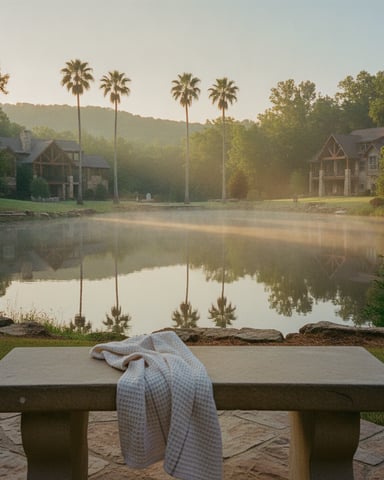 Stone bench with blanket overlooking misty river, palm trees, and two large houses at sunrise