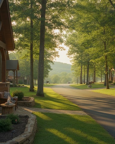 Tree-lined driveway with stone houses, manicured lawns, and mountain view in distance