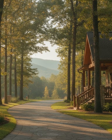 Modern cabin with copper roof and front porch nestled among tall trees, driveway leading toward mountains and lake in distance.