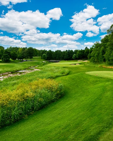 Golf course with manicured fairway, stream, trees, and blue sky with white clouds