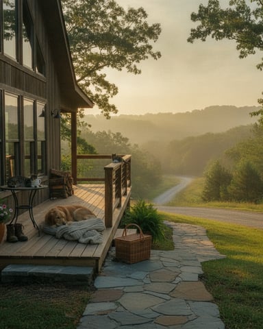 Modern house with deck overlooking forested valley and winding river, dog resting on blanket, misty morning light