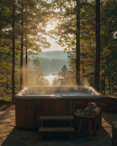 Steaming hot tub on a stone patio surrounded by tall trees, overlooking a misty lake and forested hills at sunrise.