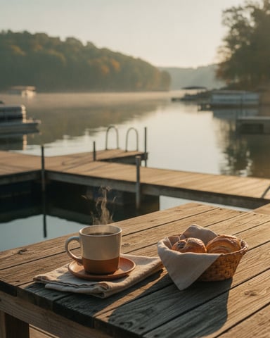 Wooden dock with steaming coffee and pastries overlooking calm river lined with forested banks and moored boats