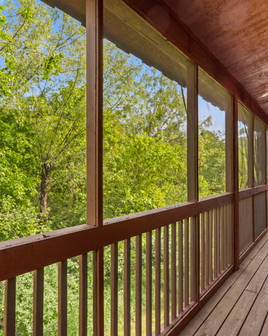 Screened porch with wood ceiling and railing overlooking dense green forest canopy